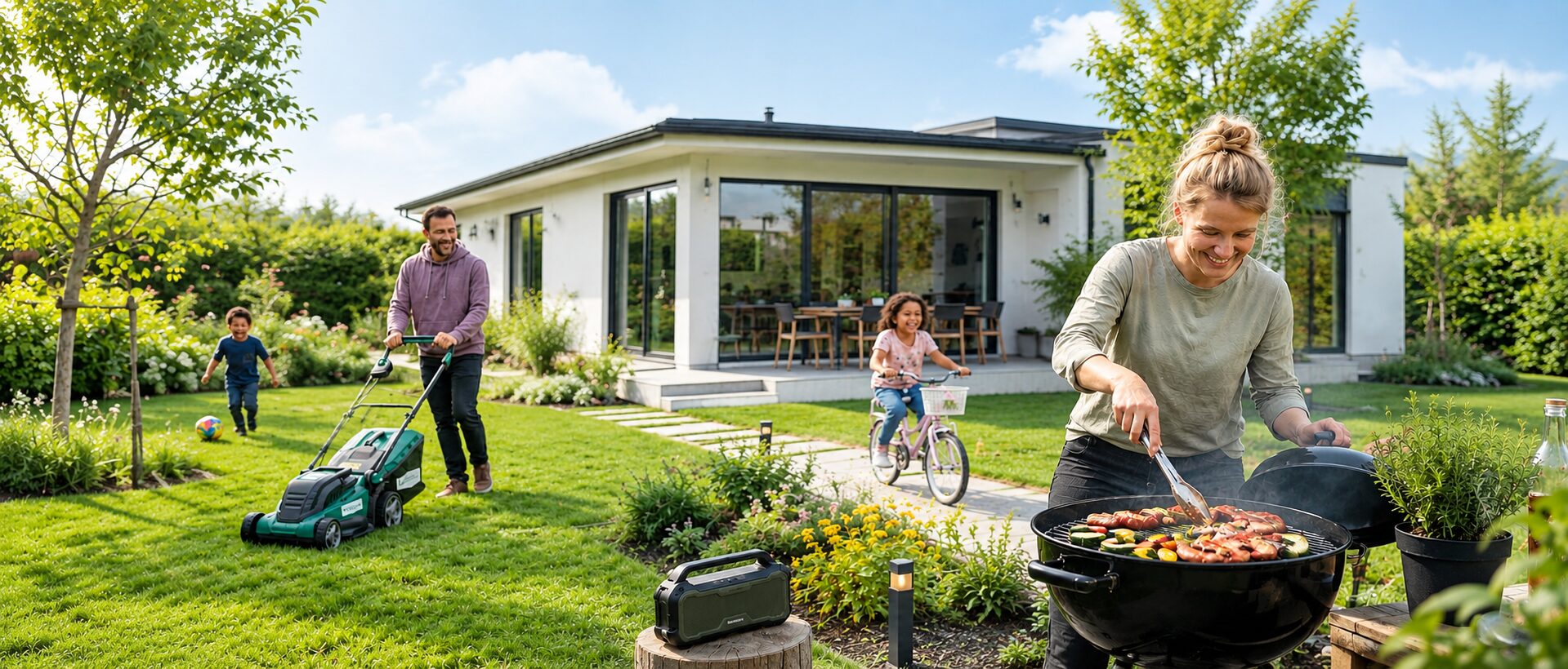Familie im Garten: Rasen mähen, grillen, Fahrrad fahren